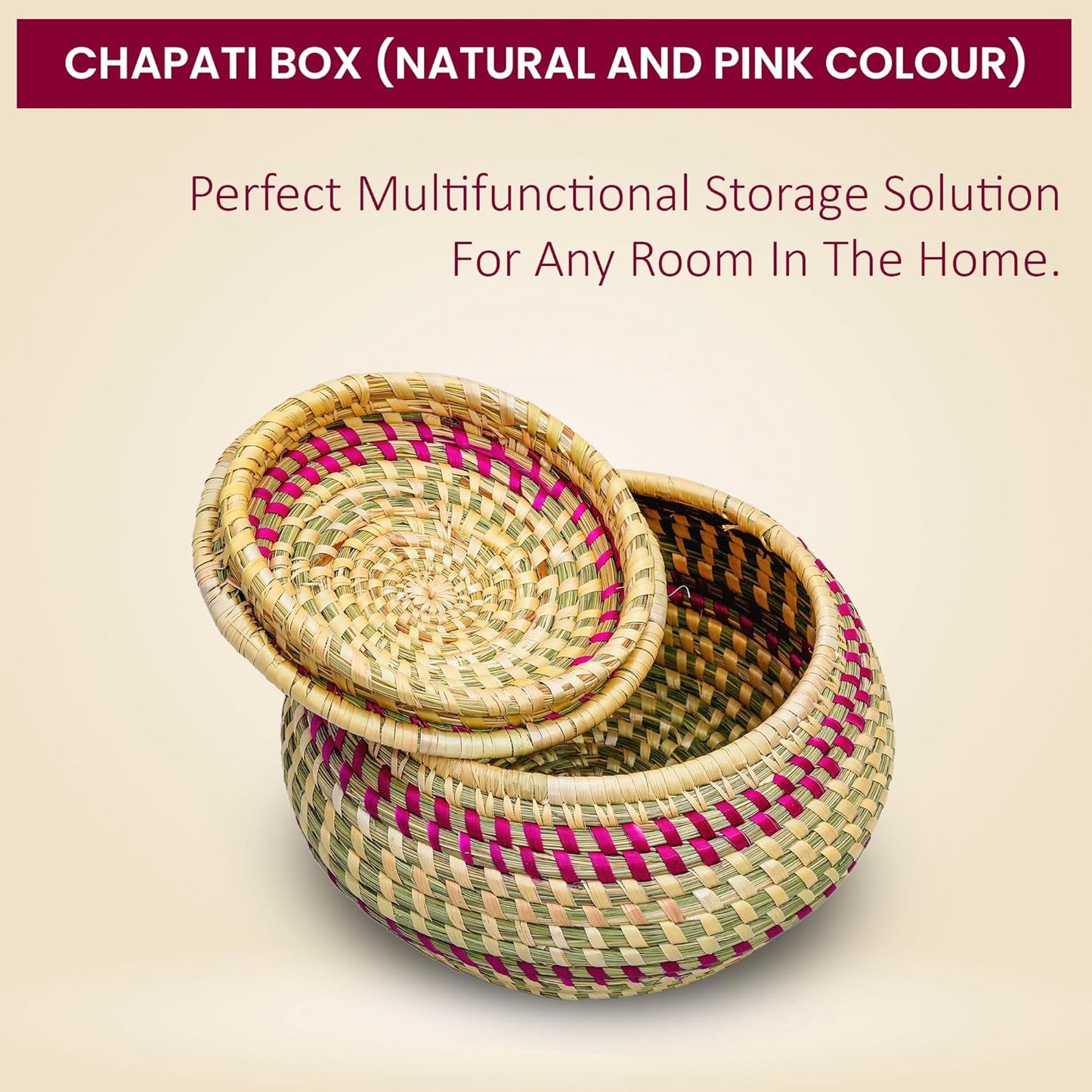 HavePure Handmade Munj Grass Chapati Box – Eco-Friendly Roti Storage Container | Natural & Pink Insulated Box for Warm Chapatis | Durable, Lightweight Kitchen Organizer