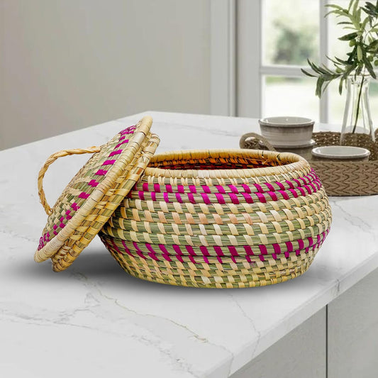 HavePure Handmade Munj Grass Chapati Box – Eco-Friendly Roti Storage Container | Natural & Pink Insulated Box for Warm Chapatis | Durable, Lightweight Kitchen Organizer