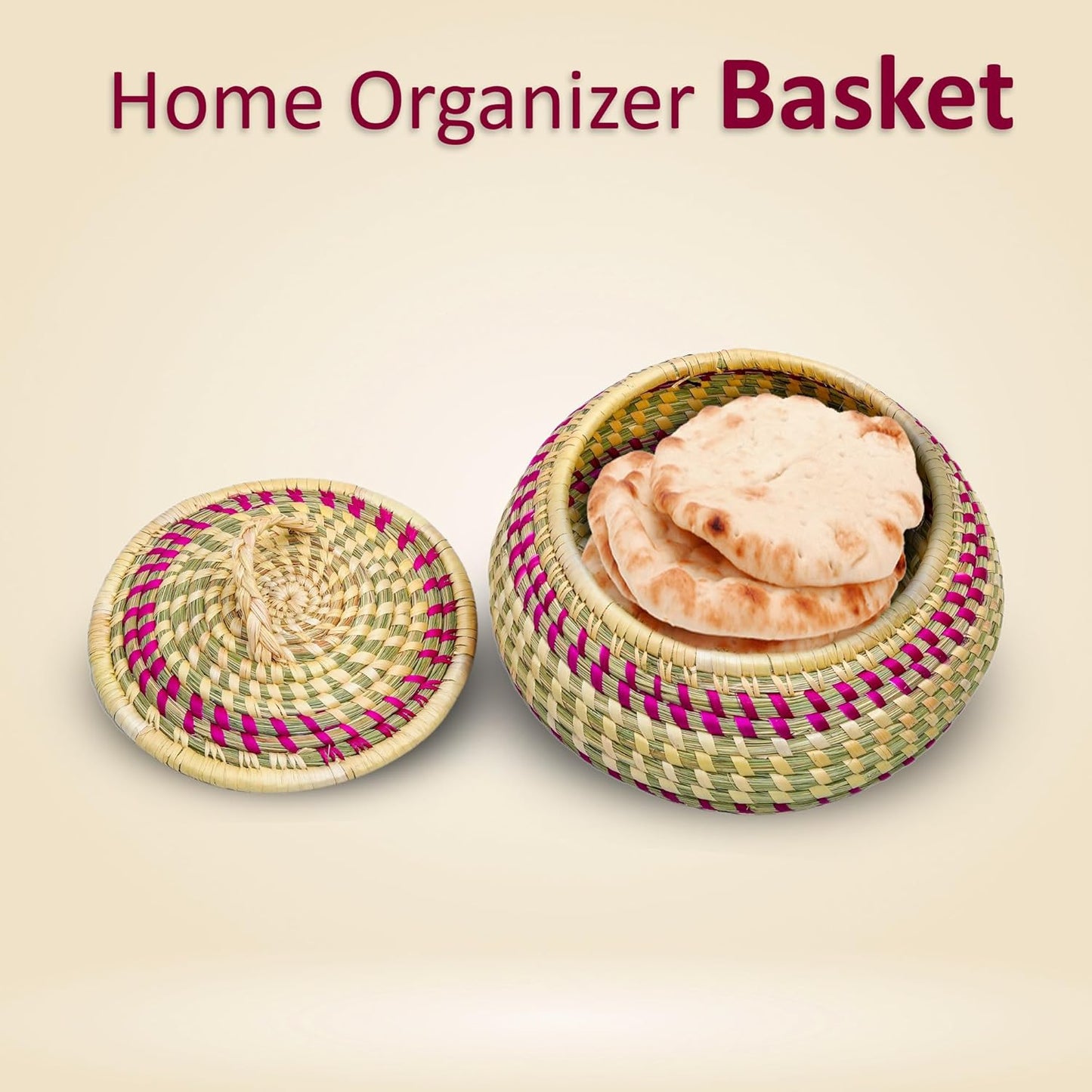 HavePure Handmade Munj Grass Chapati Box – Eco-Friendly Roti Storage Container | Natural & Pink Insulated Box for Warm Chapatis | Durable, Lightweight Kitchen Organizer
