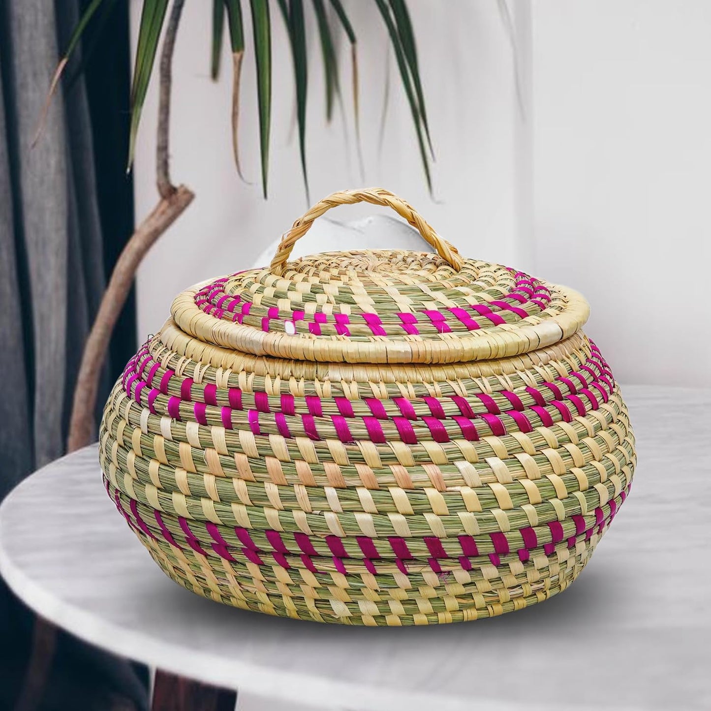HavePure Handmade Munj Grass Chapati Box – Eco-Friendly Roti Storage Container | Natural & Pink Insulated Box for Warm Chapatis | Durable, Lightweight Kitchen Organizer