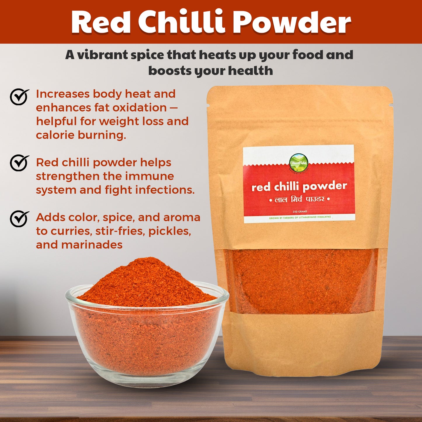 Hand-Pounded Red Chilli Powder β 250g | Farm Fresh from Uttarakhand